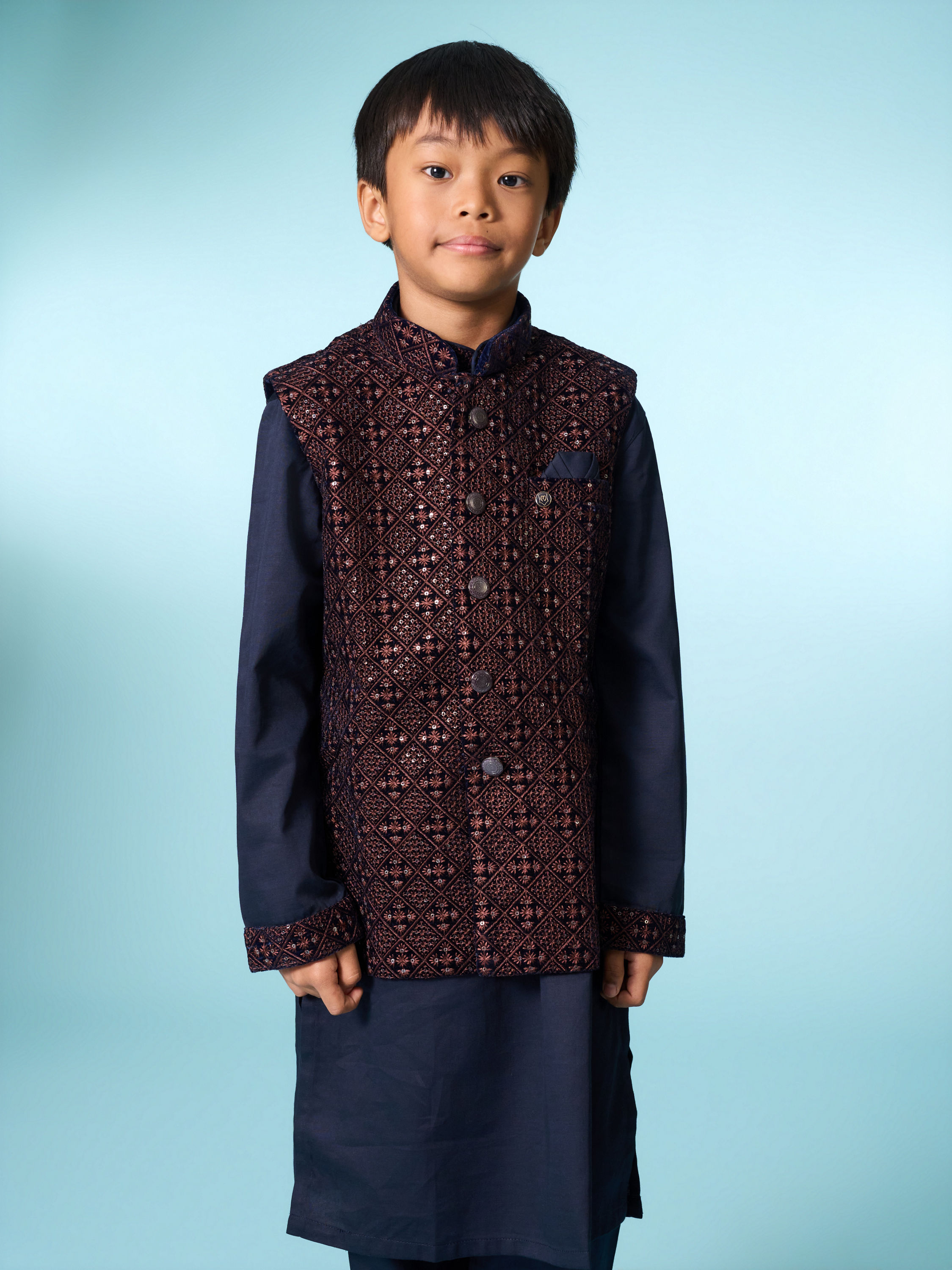 Manyavar Boys Royal Velvet Blue Kurta Jacket Set
