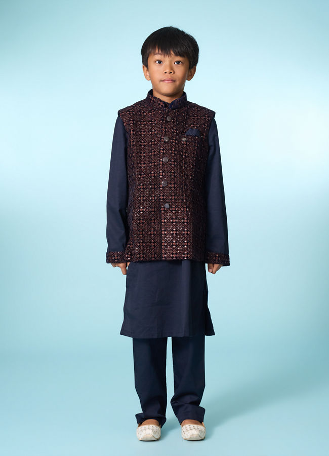 Manyavar Boys Royal Velvet Blue Kurta Jacket Set