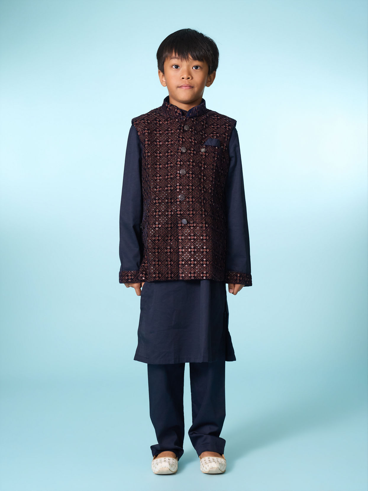 Manyavar Boys Royal Velvet Blue Kurta Jacket Set