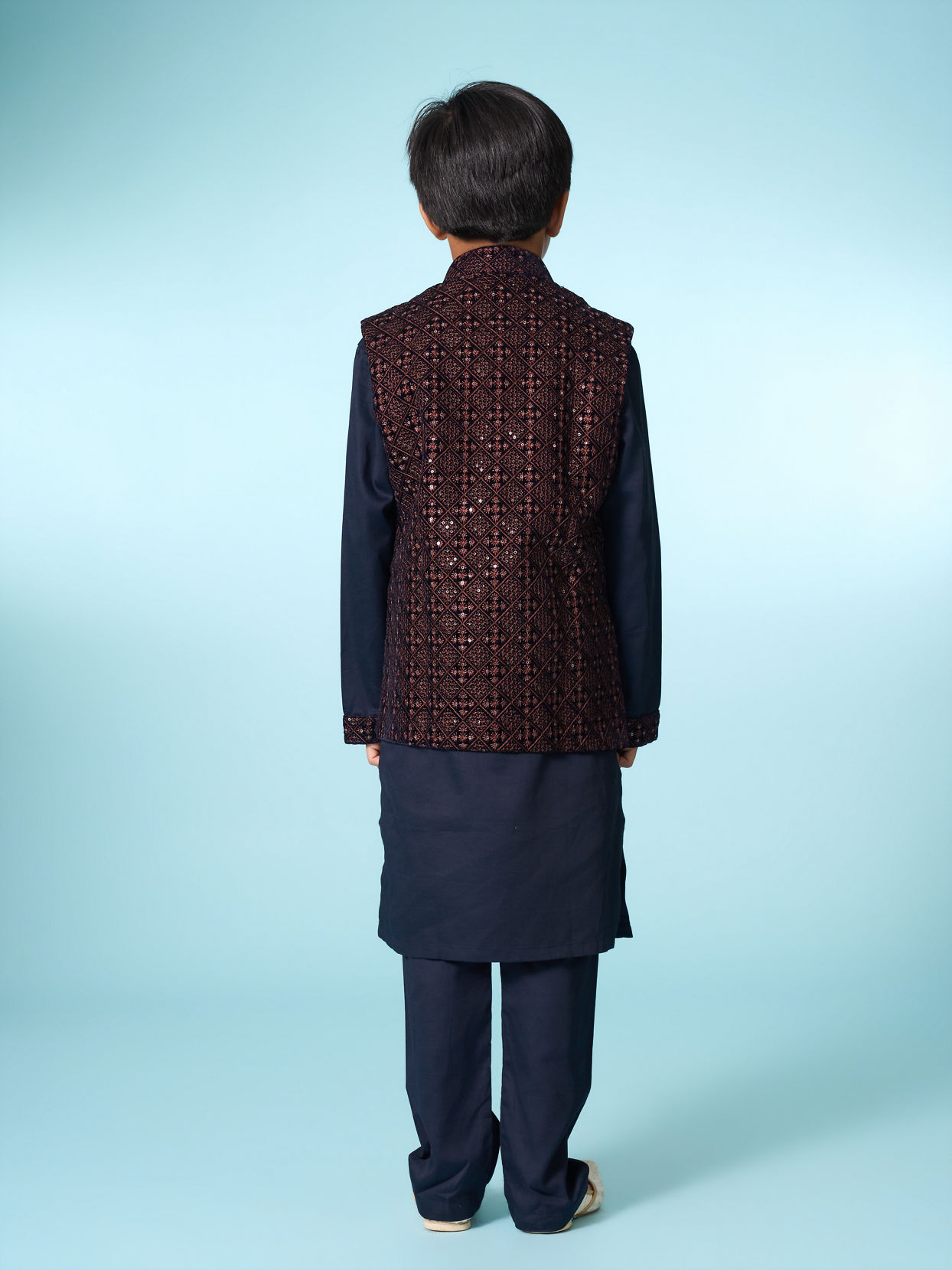 Manyavar Boys Royal Velvet Blue Kurta Jacket Set
