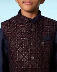 Manyavar Boys Royal Velvet Blue Kurta Jacket Set
