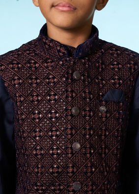 Manyavar Boys Royal Velvet Blue Kurta Jacket Set