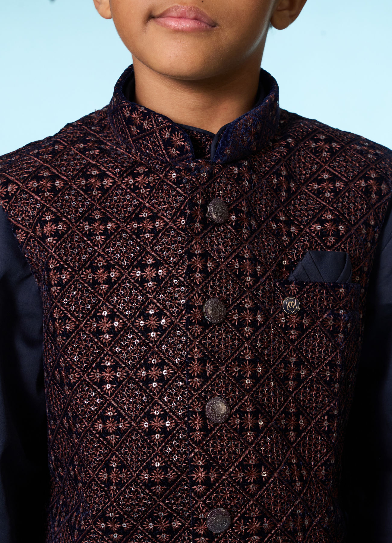 Manyavar Boys Royal Velvet Blue Kurta Jacket Set