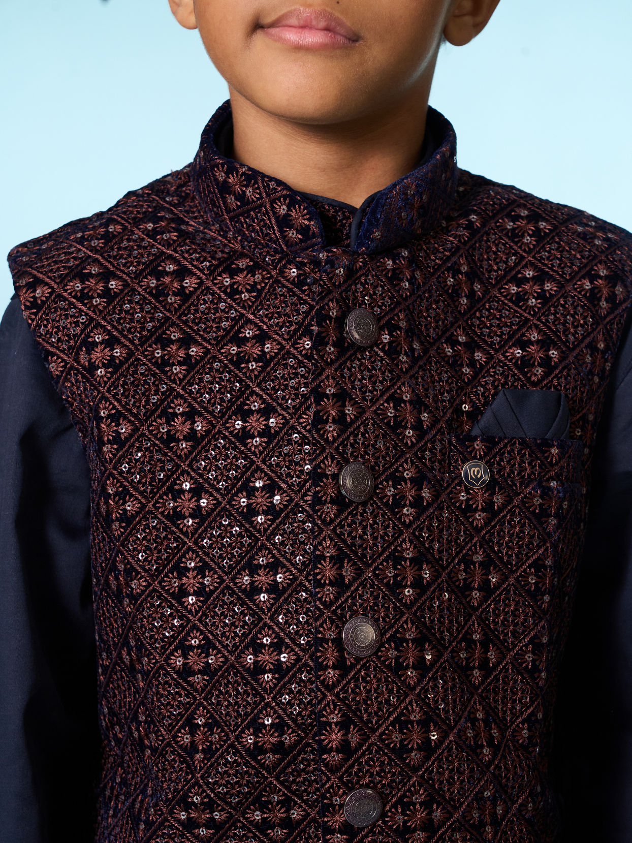 Manyavar Boys Royal Velvet Blue Kurta Jacket Set