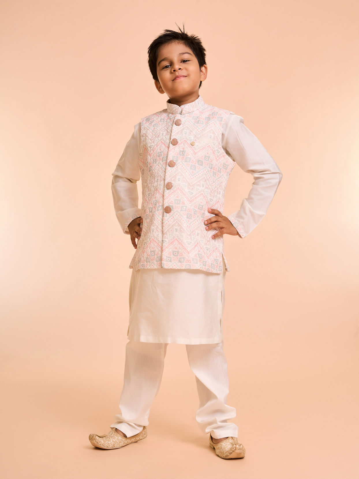 Manyavar Boys Warm White Kurta Jacket Set