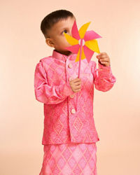 Manyavar Boys Pink Cotton Kurta Jacket Set