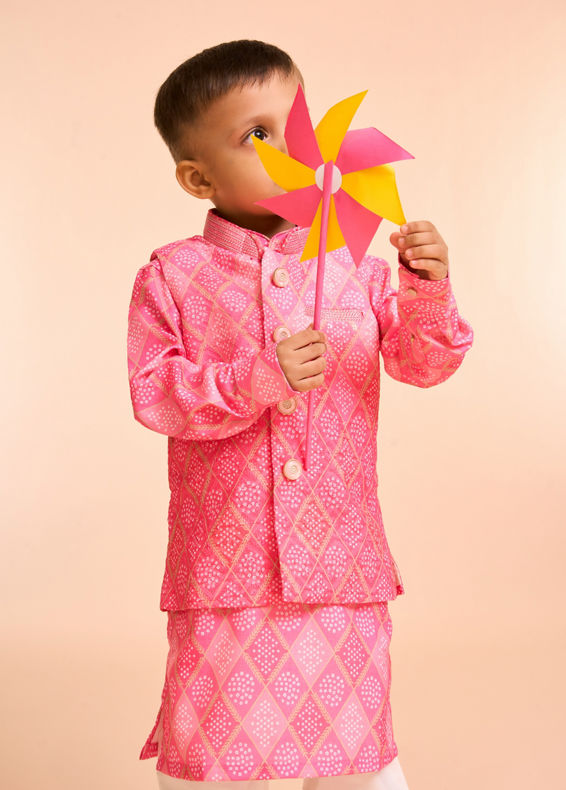Manyavar Boys Pink Cotton Kurta Jacket Set
