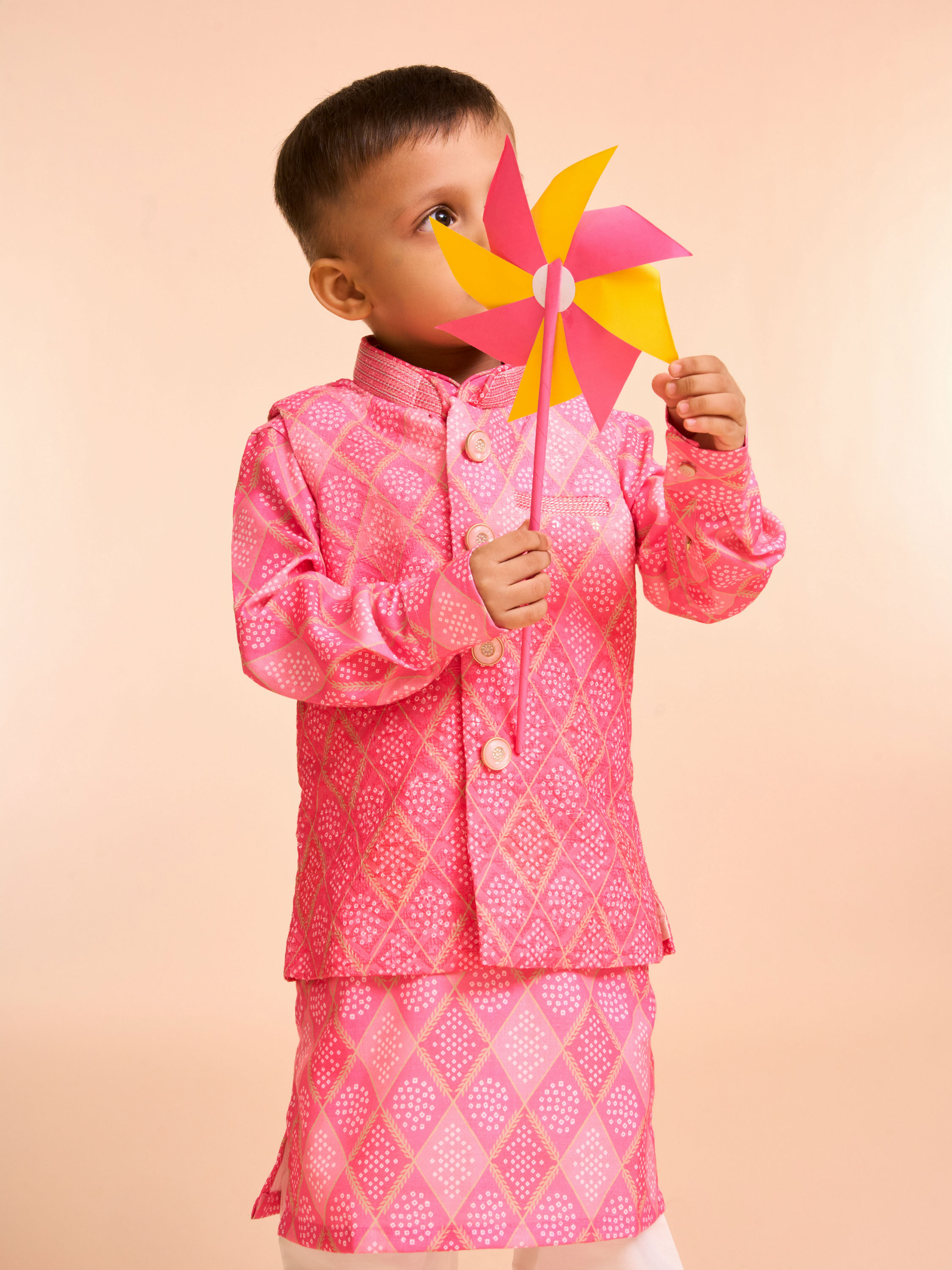 Manyavar Boys Pink Cotton Kurta Jacket Set