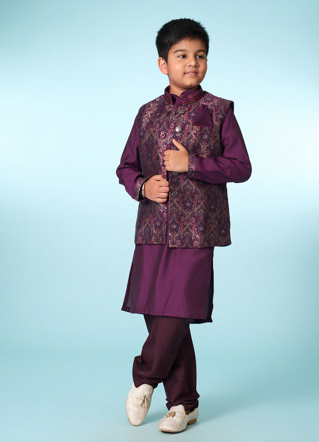 Manyavar Boys Regal Purple Ensemble Kurta Jacket Set