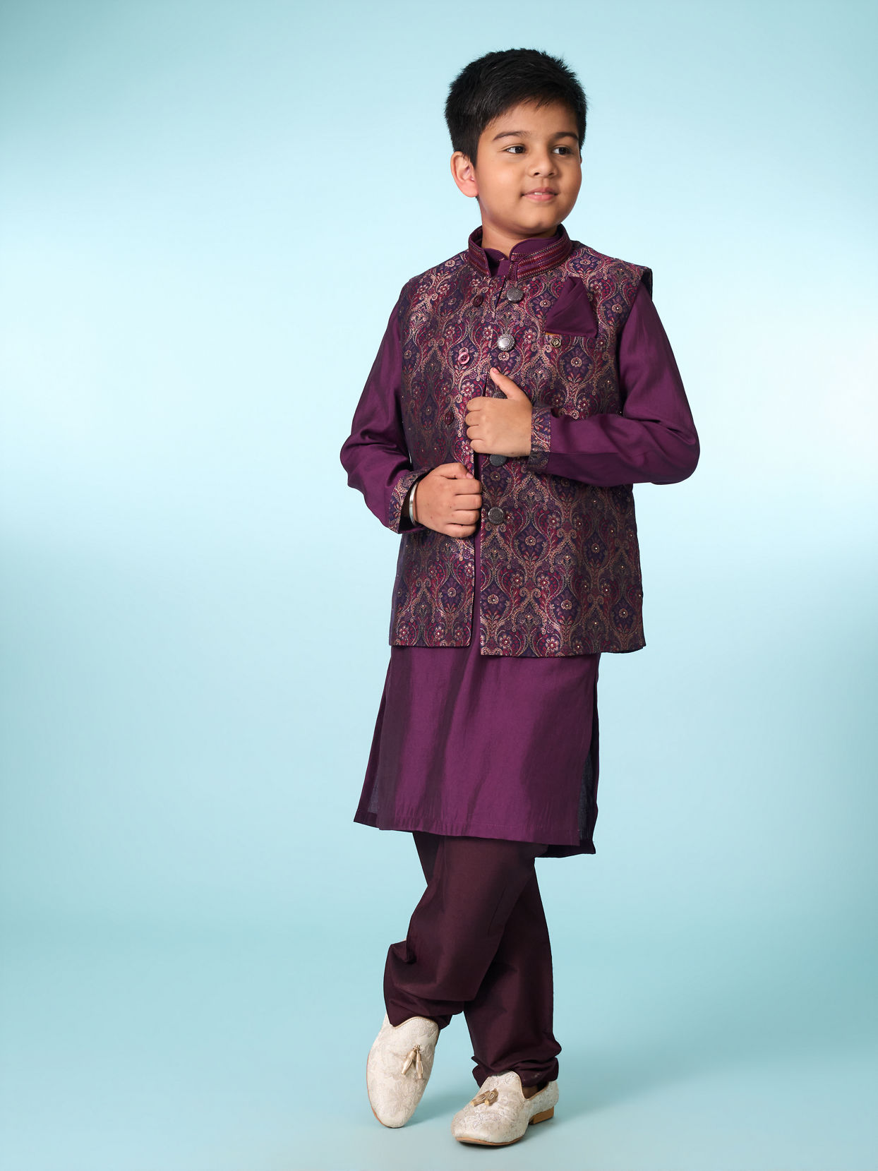 Manyavar Boys Regal Purple Ensemble Kurta Jacket Set