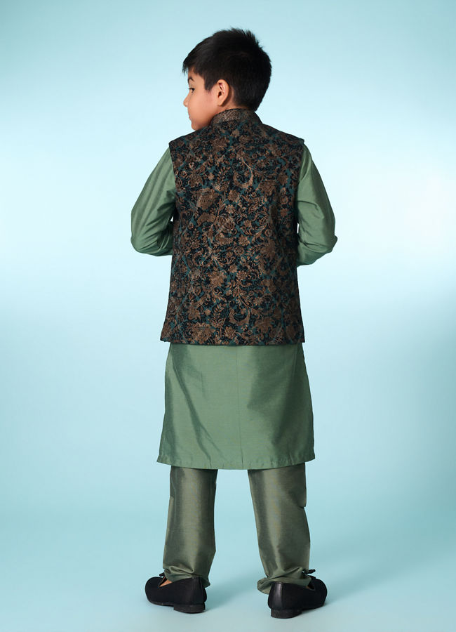 Manyavar Boys Green Velvet Kurta Jacket Set