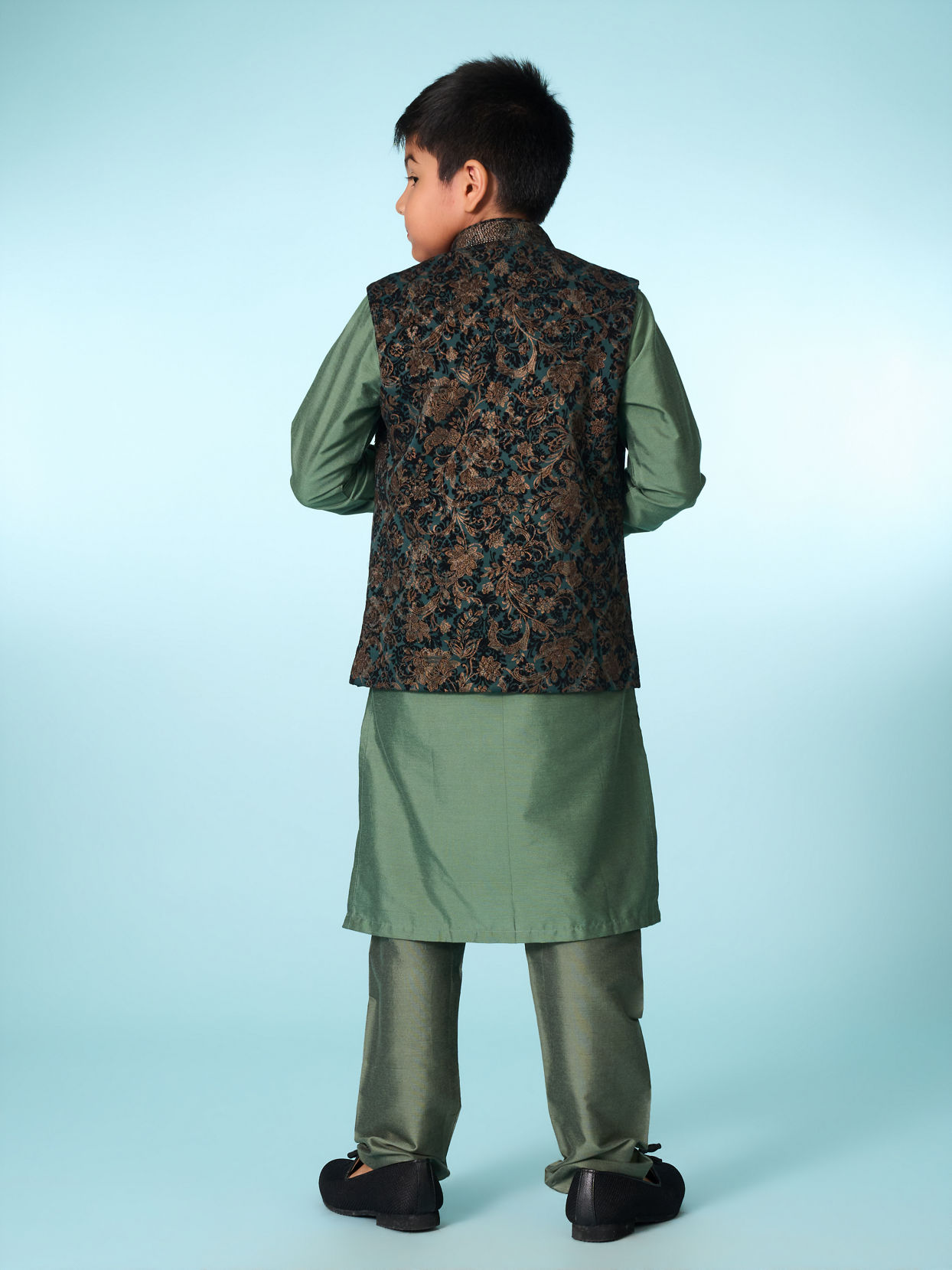 Manyavar Boys Green Velvet Kurta Jacket Set