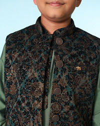 Manyavar Boys Green Velvet Kurta Jacket Set