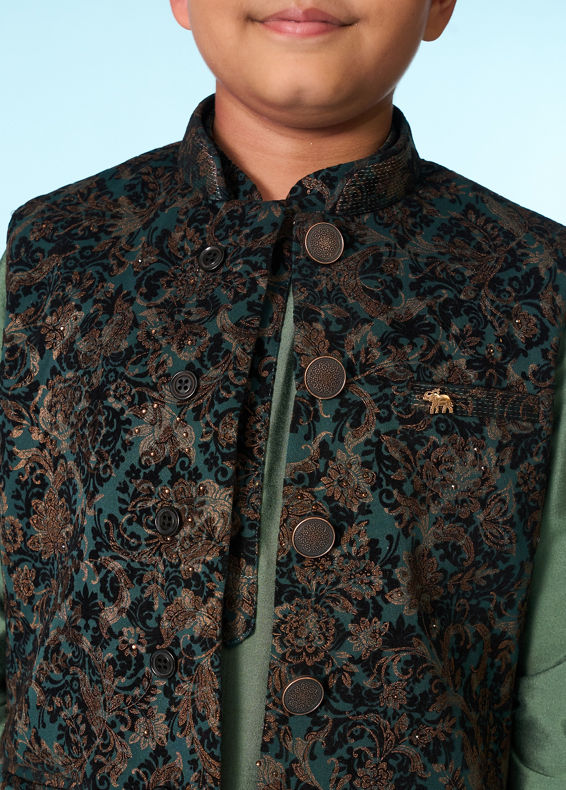 Manyavar Boys Green Velvet Kurta Jacket Set