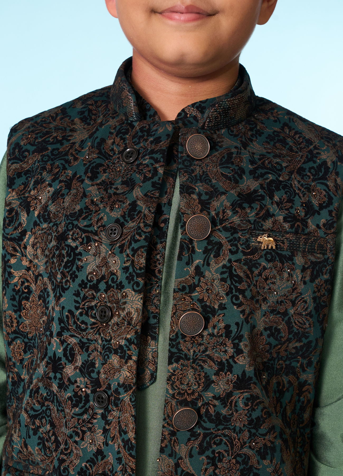 Manyavar Boys Green Velvet Kurta Jacket Set