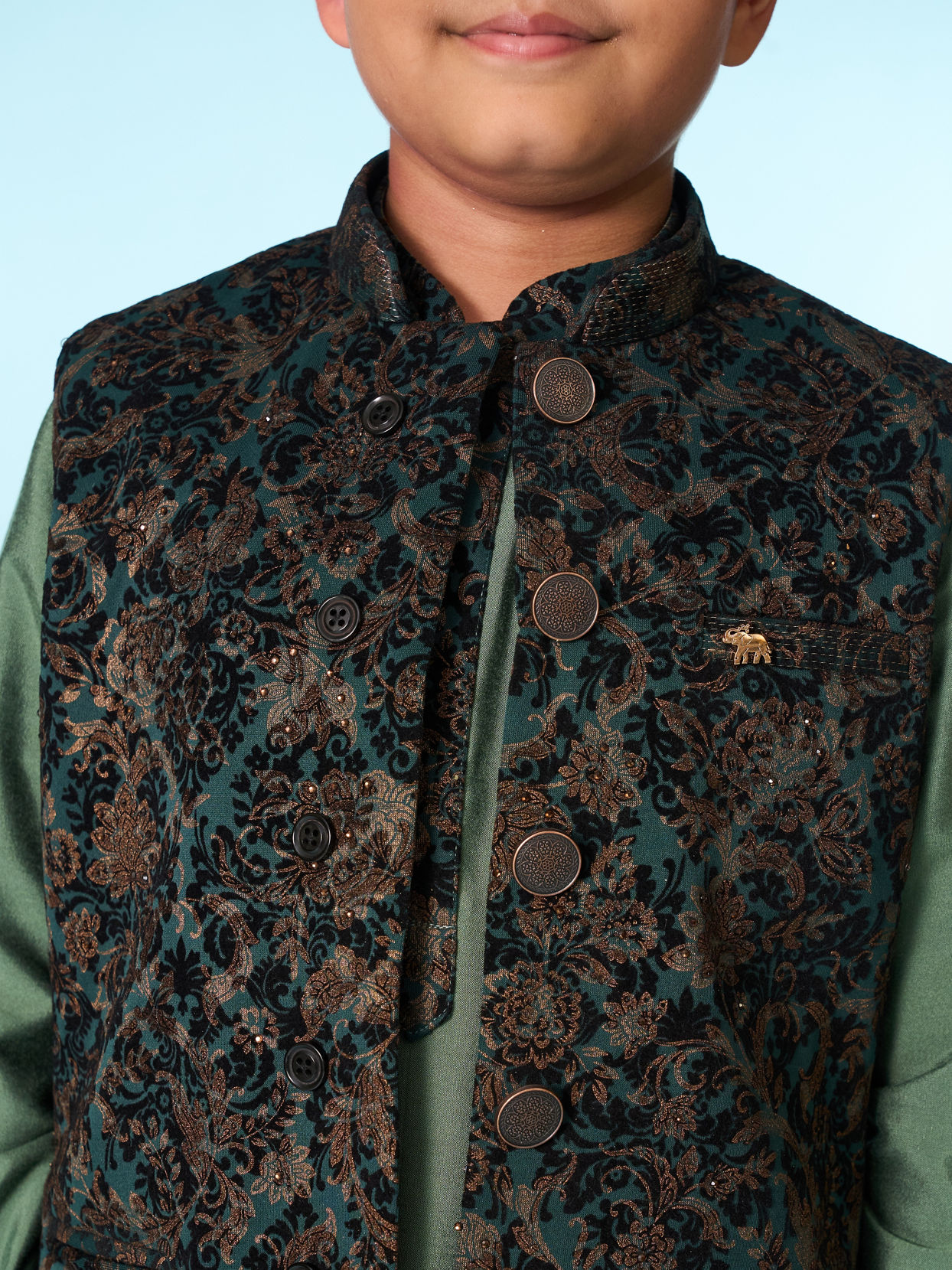 Manyavar Boys Green Velvet Kurta Jacket Set