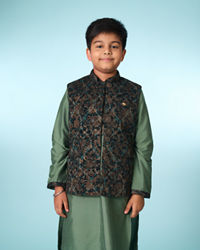 Manyavar Boys Green Velvet Kurta Jacket Set