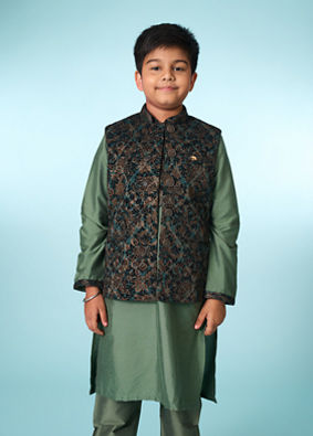 Manyavar Boys Green Velvet Kurta Jacket Set
