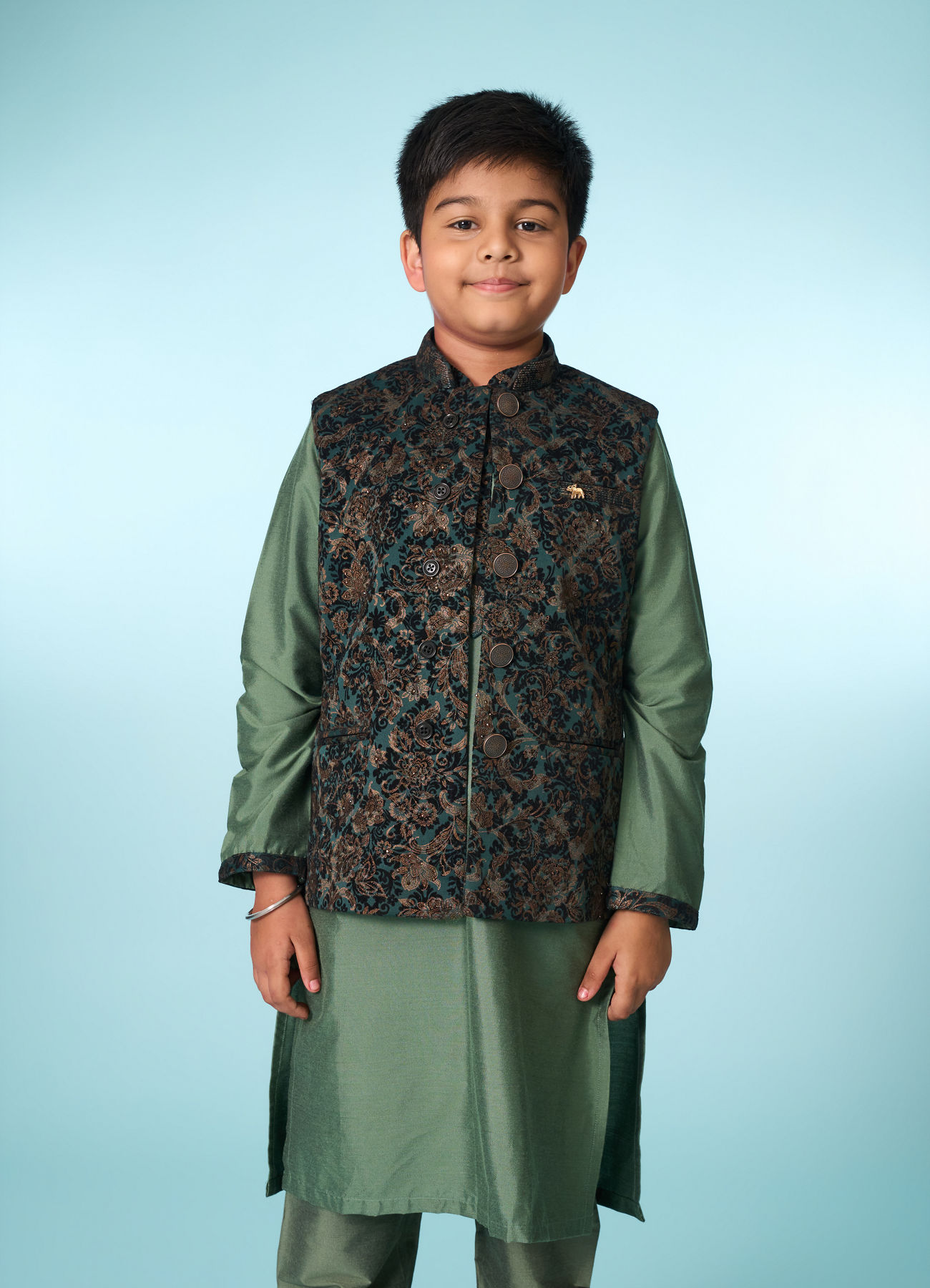 Manyavar Boys Green Velvet Kurta Jacket Set