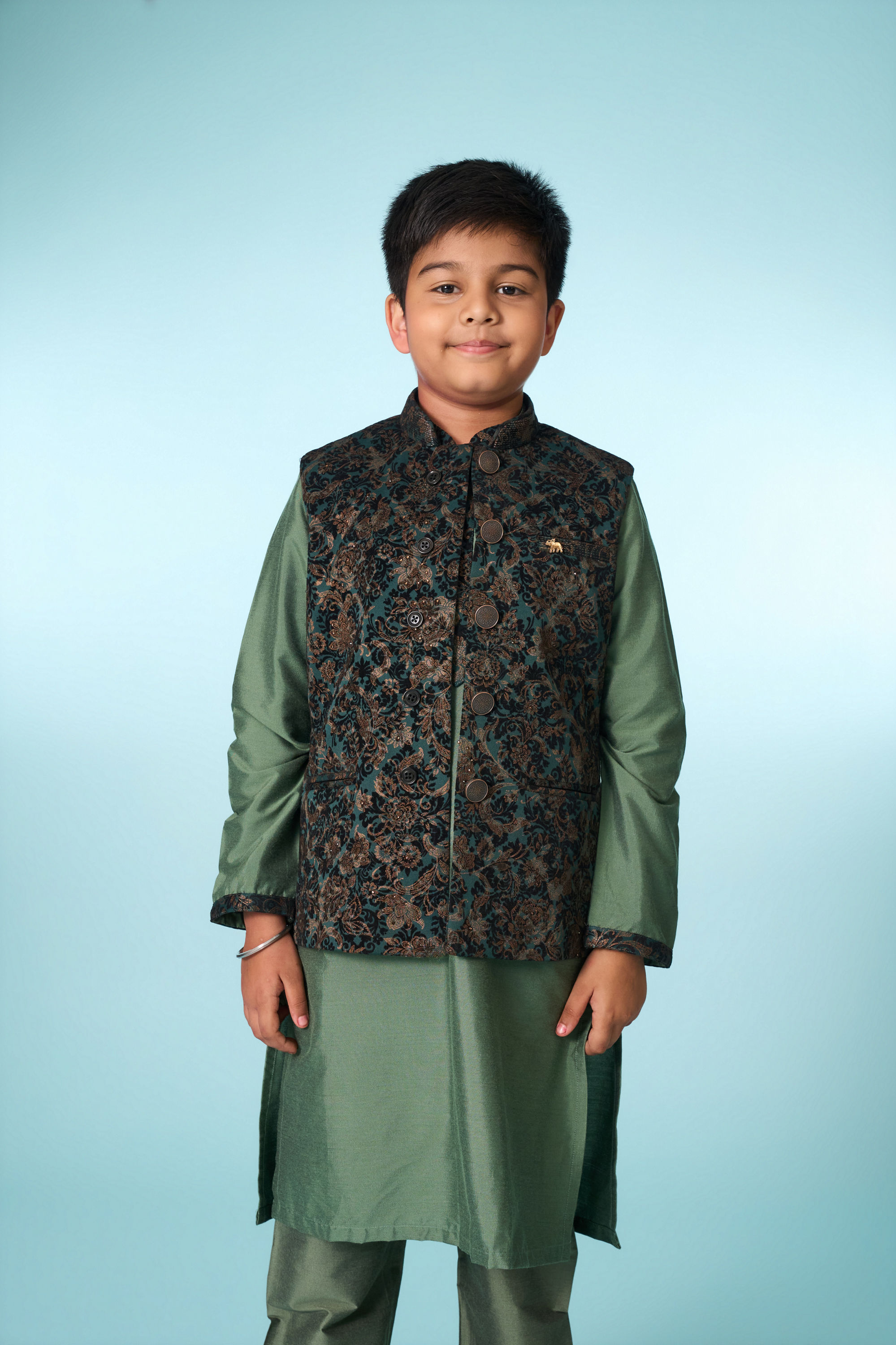 Manyavar Boys Green Velvet Kurta Jacket Set