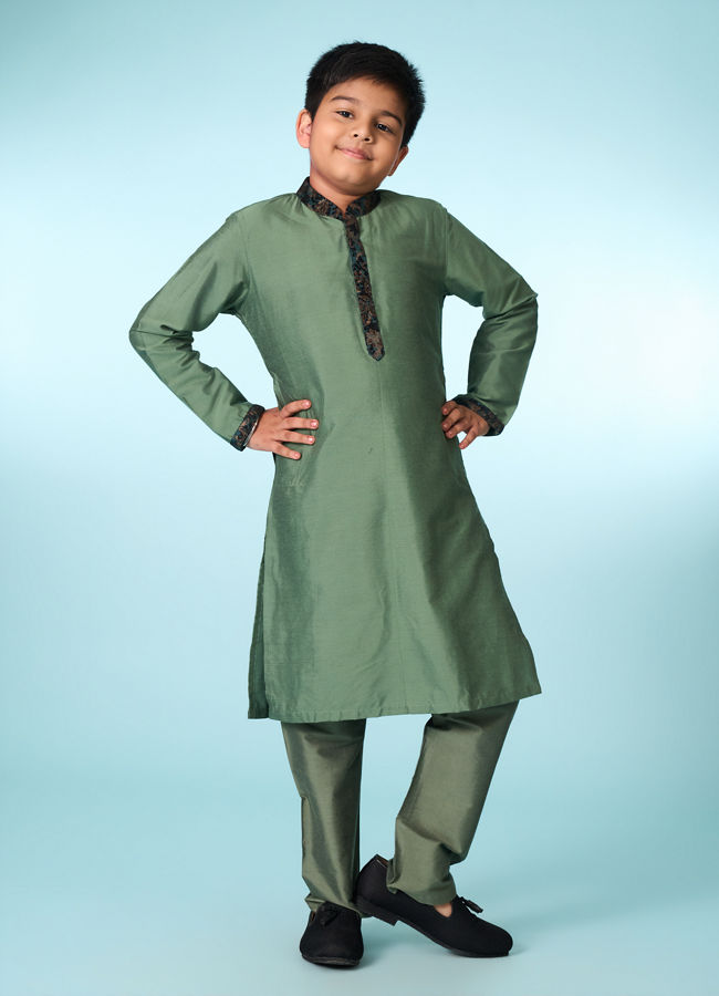 Manyavar Boys Green Velvet Kurta Jacket Set