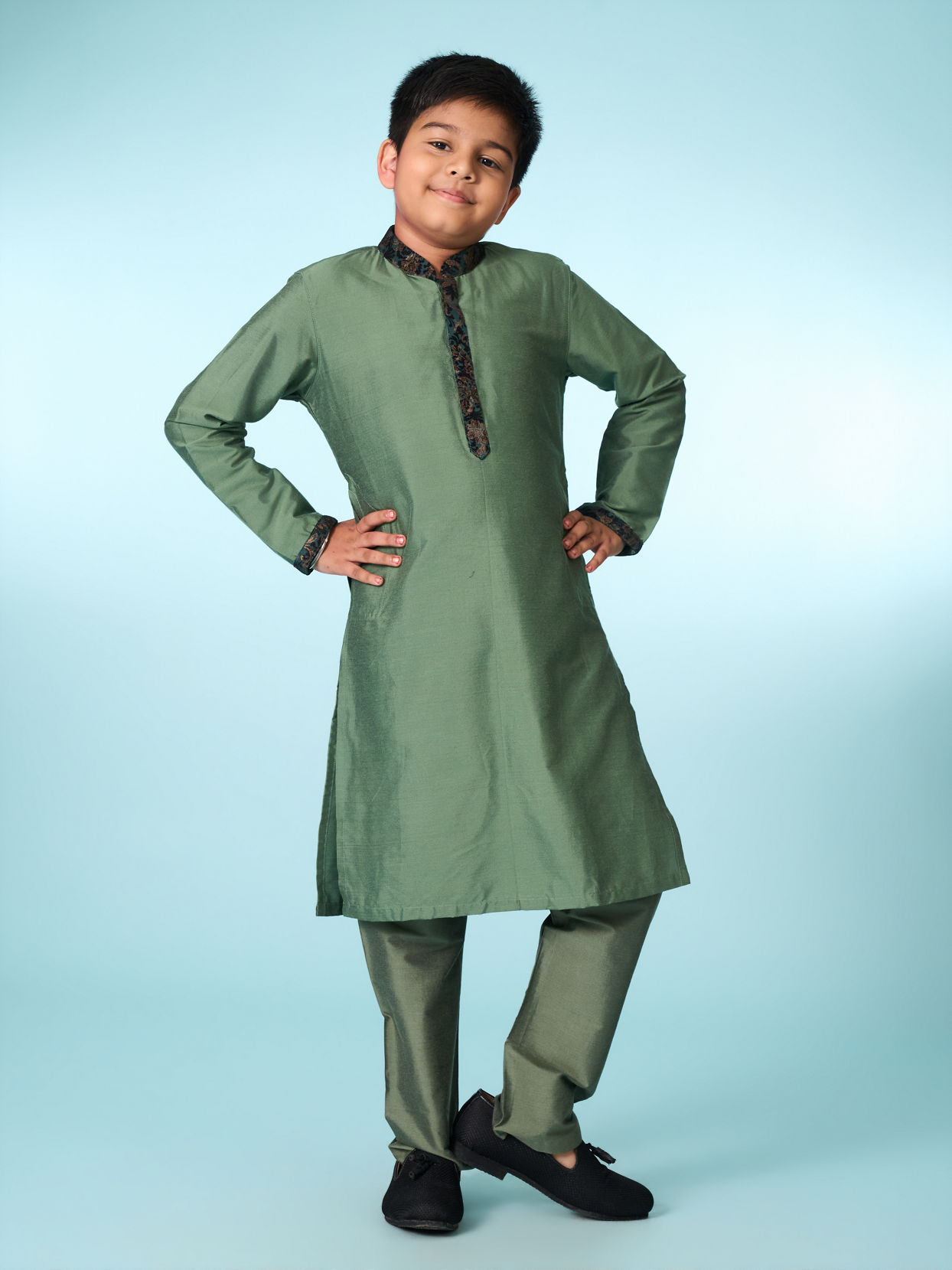 Manyavar Boys Green Velvet Kurta Jacket Set