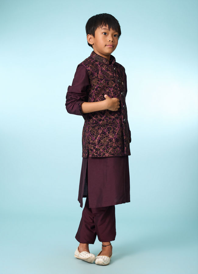 Manyavar Boys Regal Wine Velvet Ensemble Kurta Jacket Set