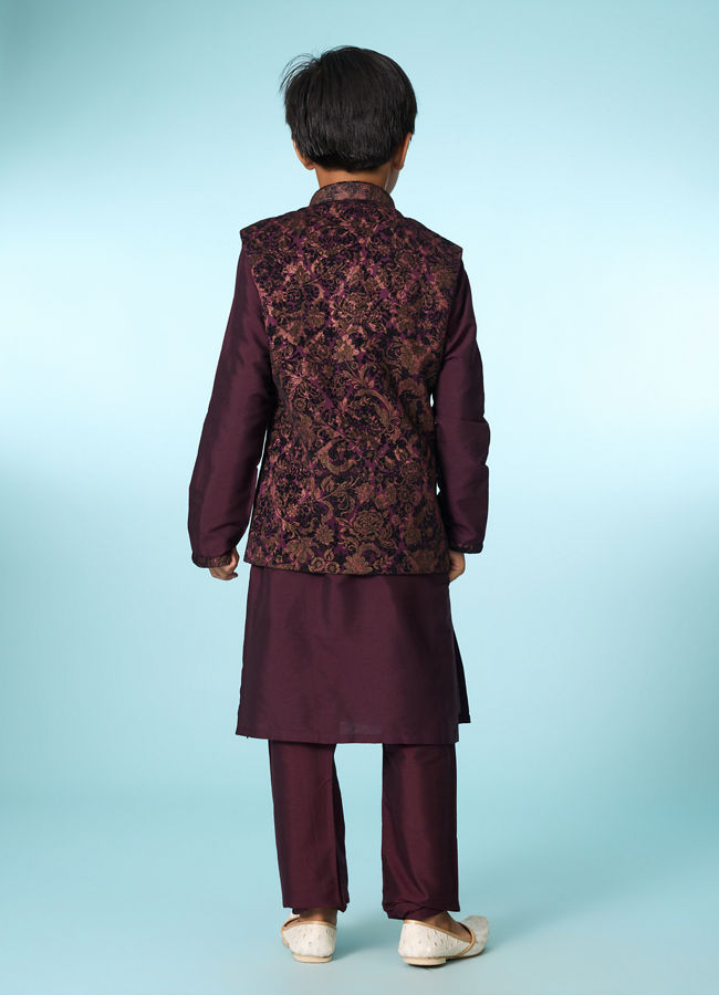Manyavar Boys Regal Wine Velvet Ensemble Kurta Jacket Set