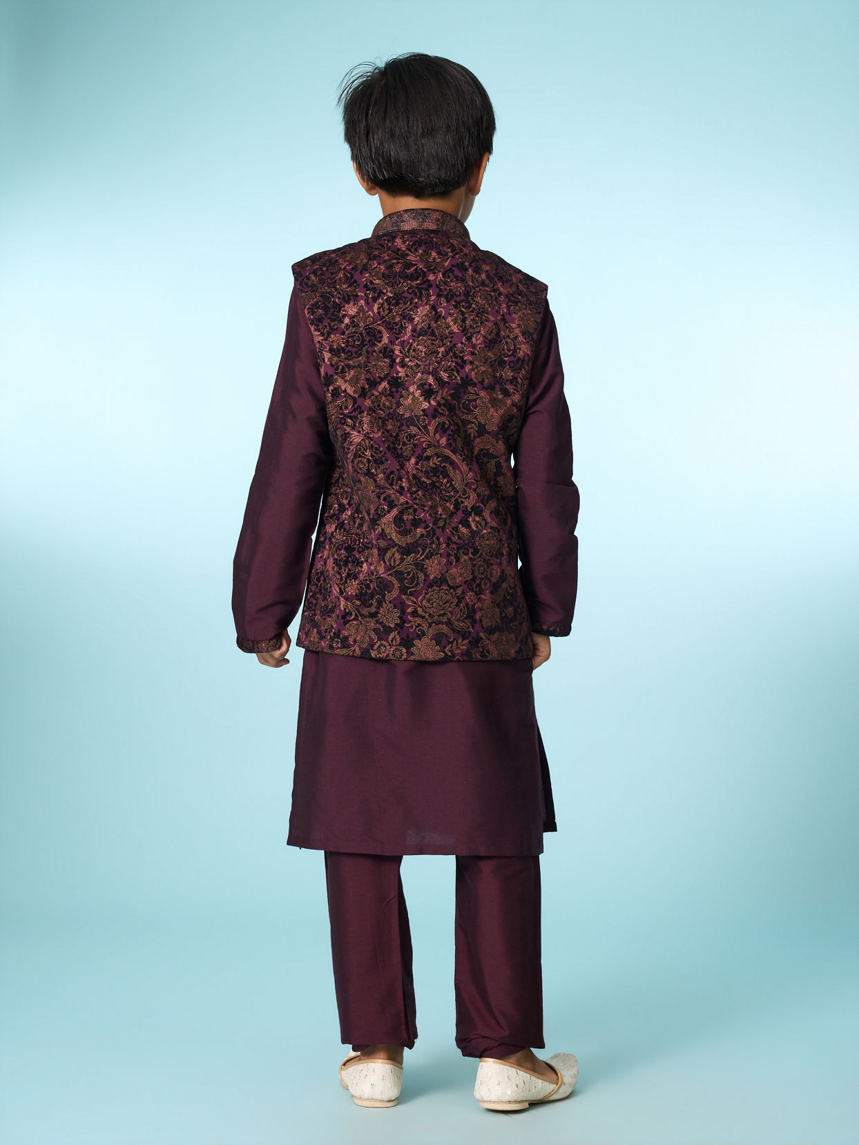 Manyavar Boys Regal Wine Velvet Ensemble Kurta Jacket Set