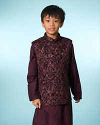 Manyavar Boys Regal Wine Velvet Ensemble Kurta Jacket Set