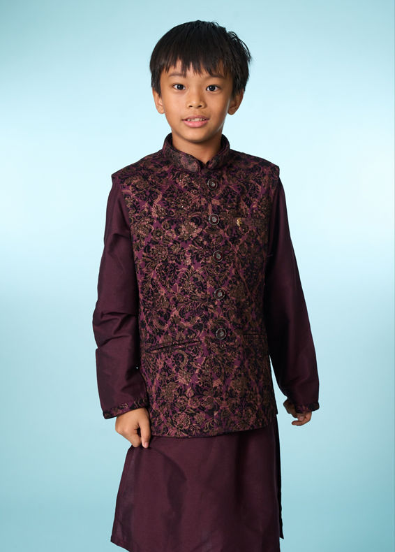 Manyavar Boys Regal Wine Velvet Ensemble Kurta Jacket Set