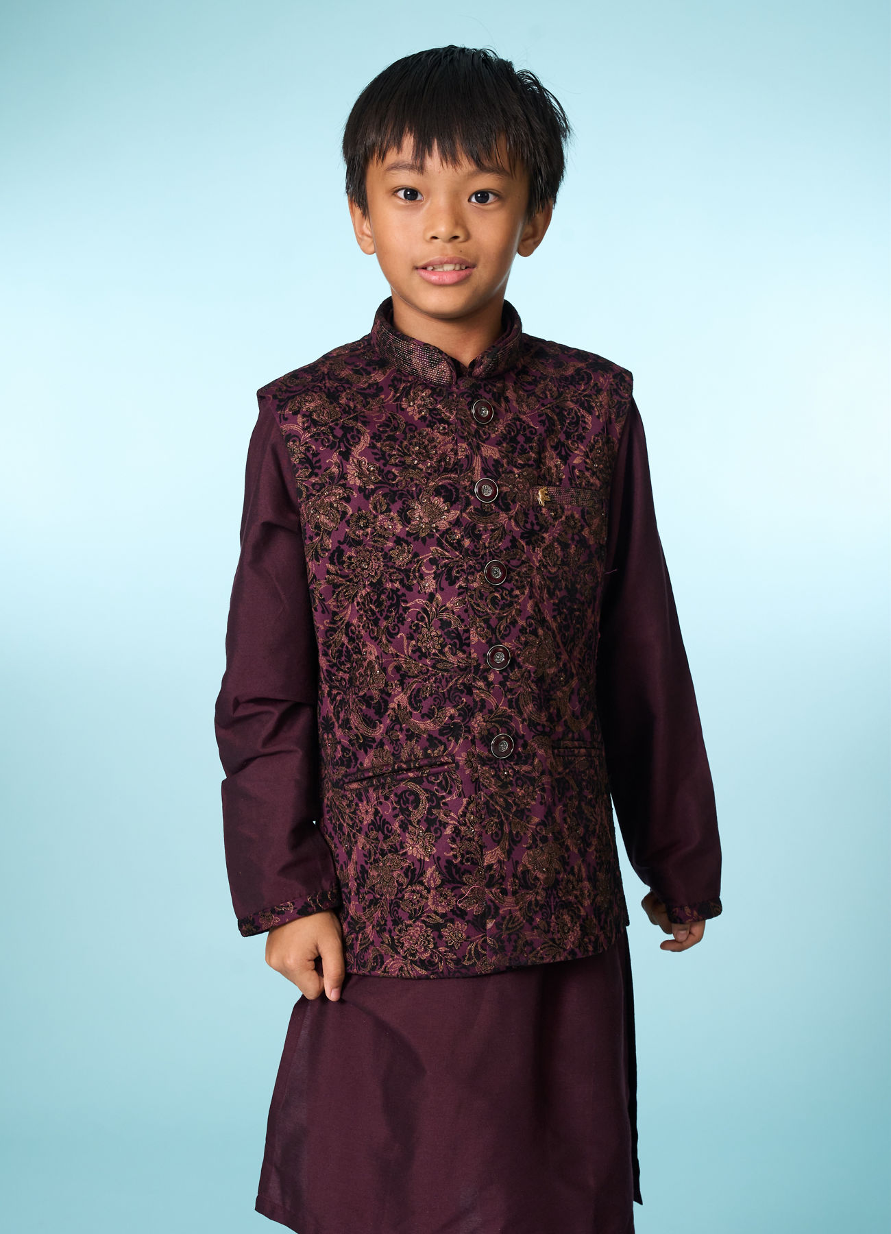 Manyavar Boys Regal Wine Velvet Ensemble Kurta Jacket Set