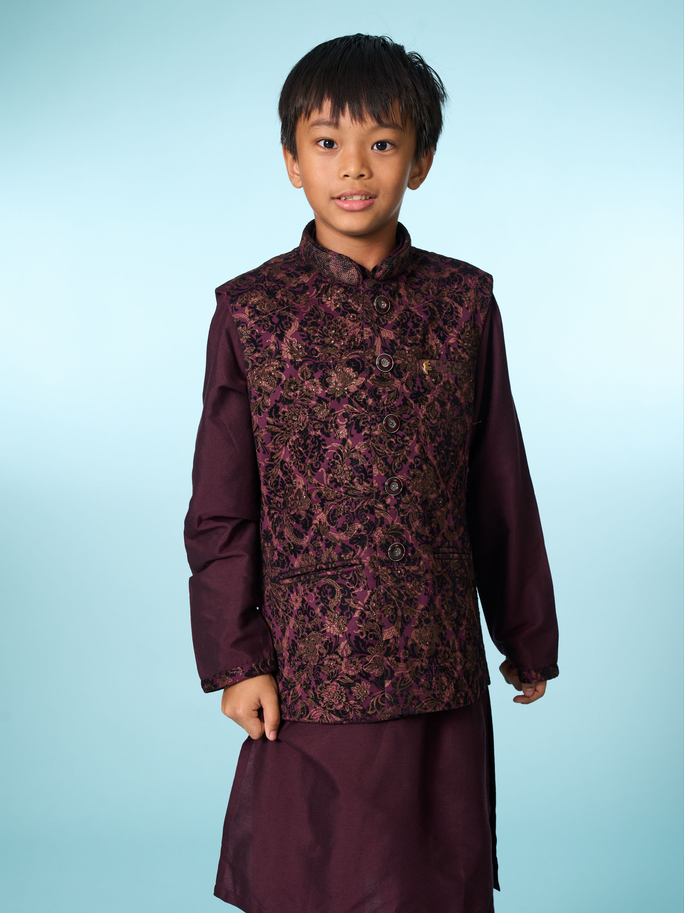 Manyavar Boys Regal Wine Velvet Ensemble Kurta Jacket Set