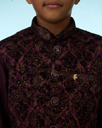 Manyavar Boys Regal Wine Velvet Ensemble Kurta Jacket Set