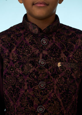 Manyavar Boys Regal Wine Velvet Ensemble Kurta Jacket Set