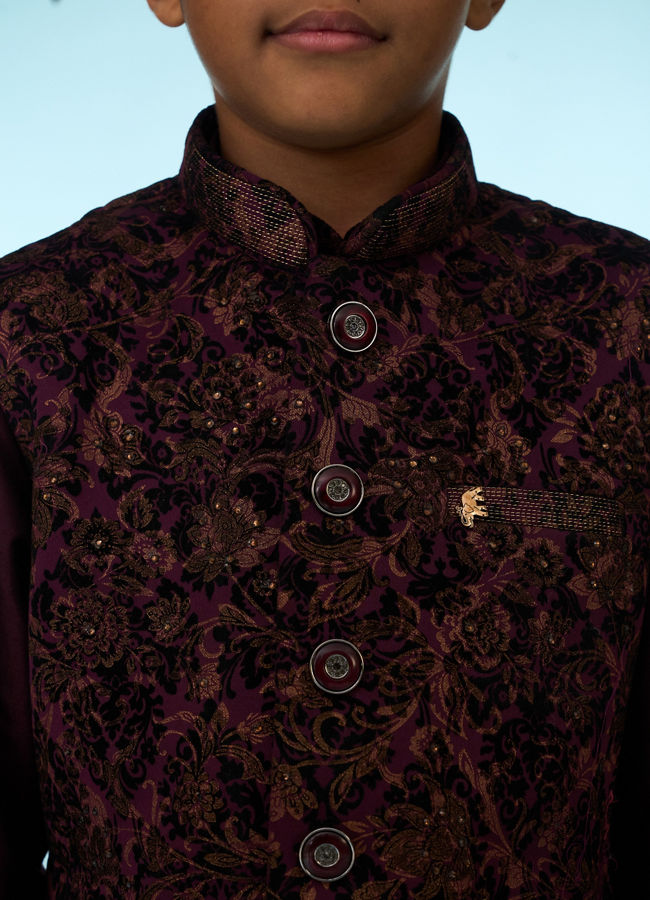 Manyavar Boys Regal Wine Velvet Ensemble Kurta Jacket Set
