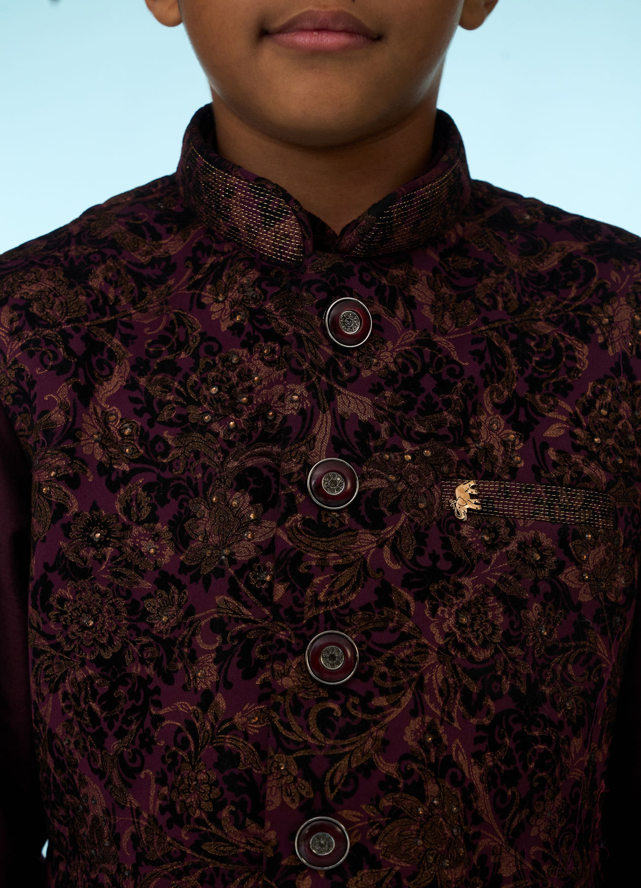 Manyavar Boys Regal Wine Velvet Ensemble Kurta Jacket Set