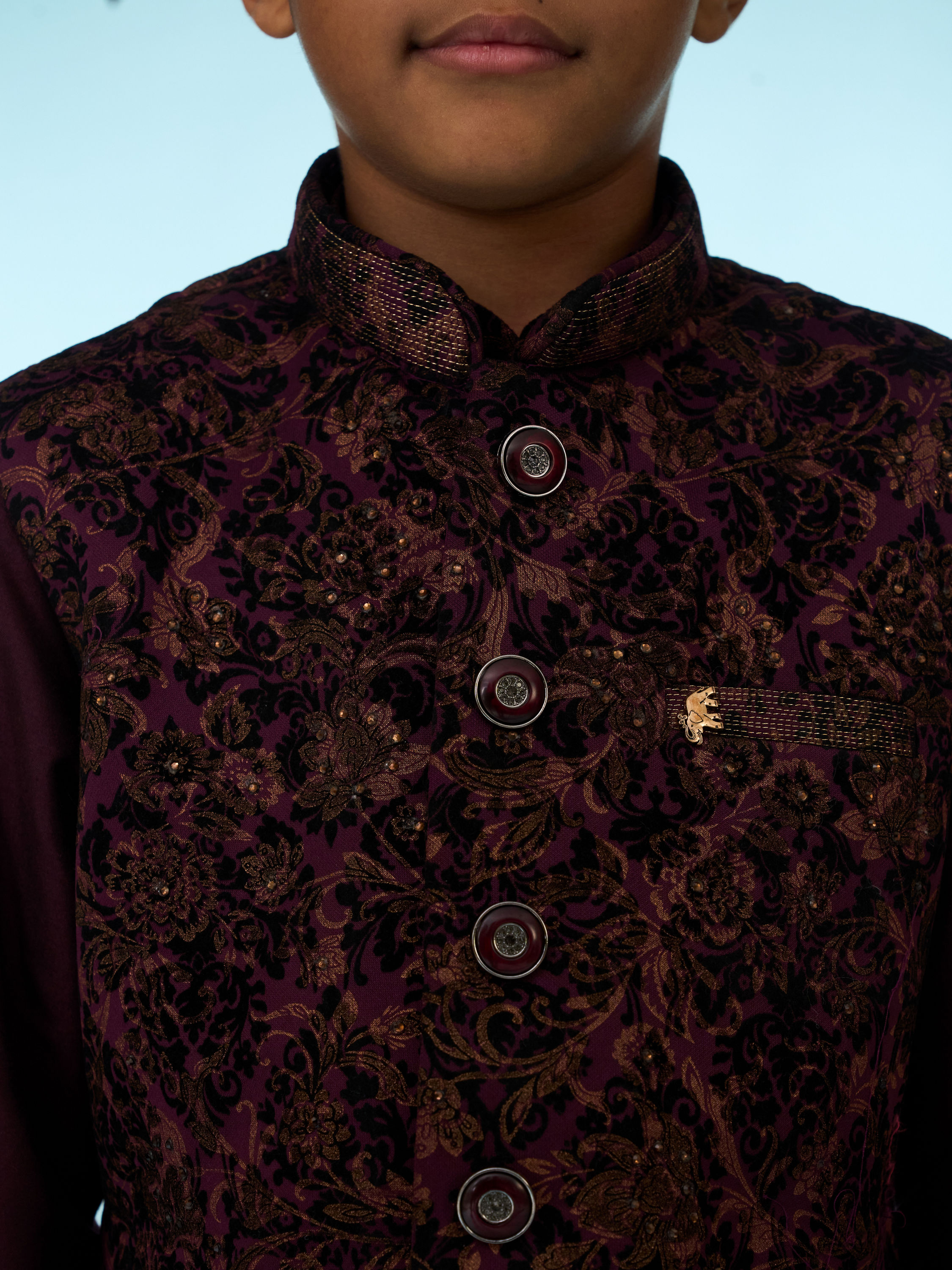 Manyavar Boys Regal Wine Velvet Ensemble Kurta Jacket Set