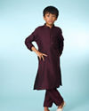 Manyavar Boys Regal Wine Velvet Ensemble Kurta Jacket Set