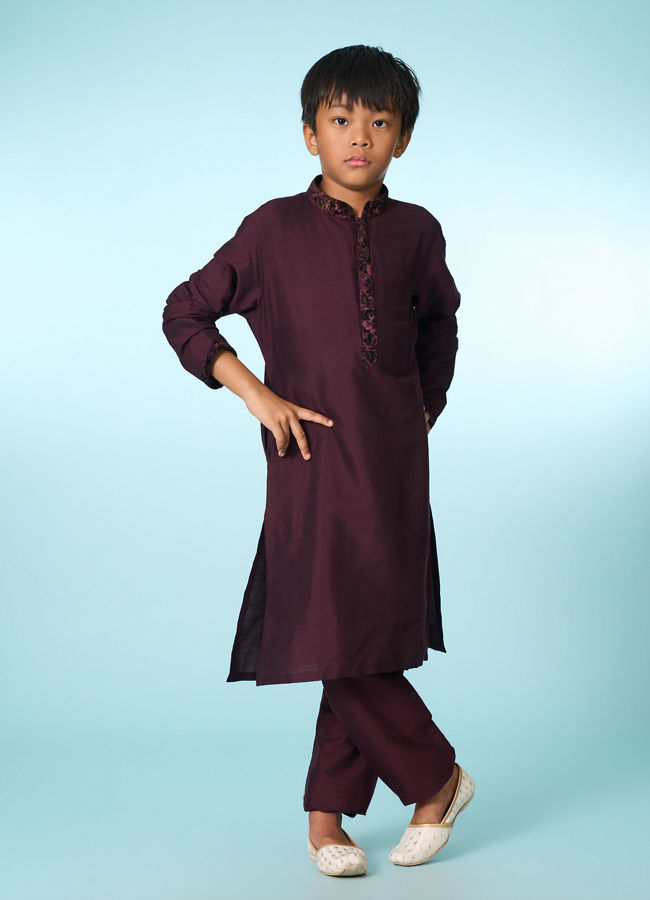 Manyavar Boys Regal Wine Velvet Ensemble Kurta Jacket Set
