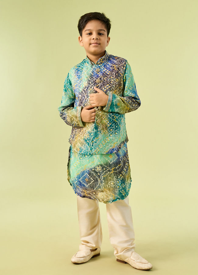 Manyavar Boys Aqua Green Georgette Kurta Jacket Set