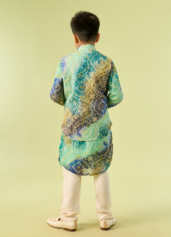 Manyavar Boys Aqua Green Georgette Kurta Jacket Set