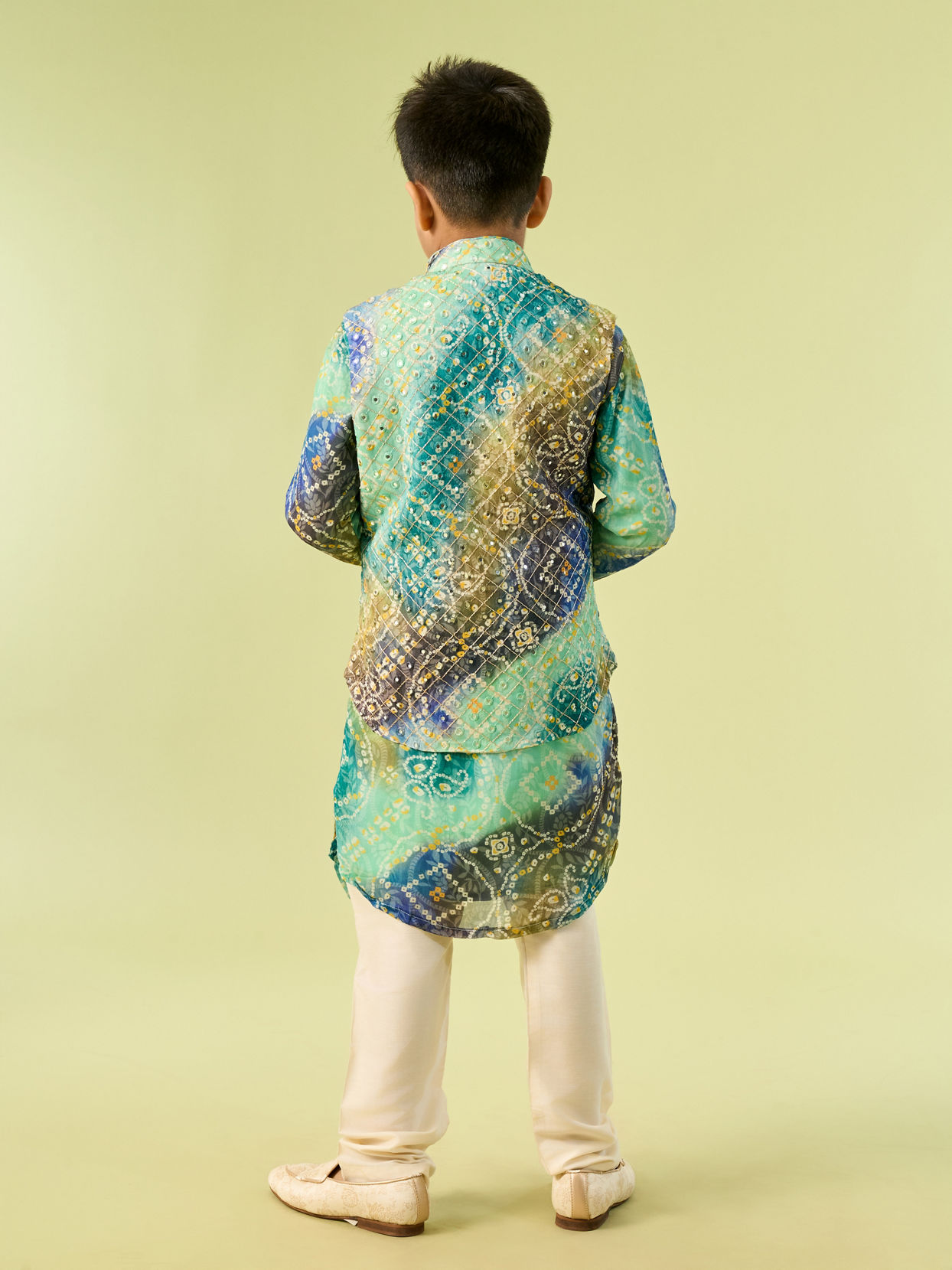 Manyavar Boys Aqua Green Georgette Kurta Jacket Set