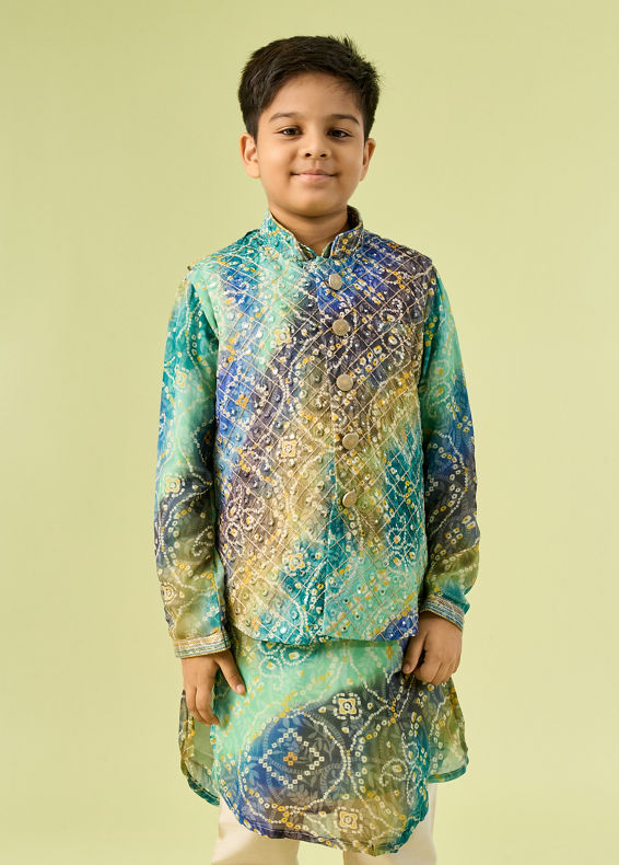 Manyavar Boys Aqua Green Georgette Kurta Jacket Set