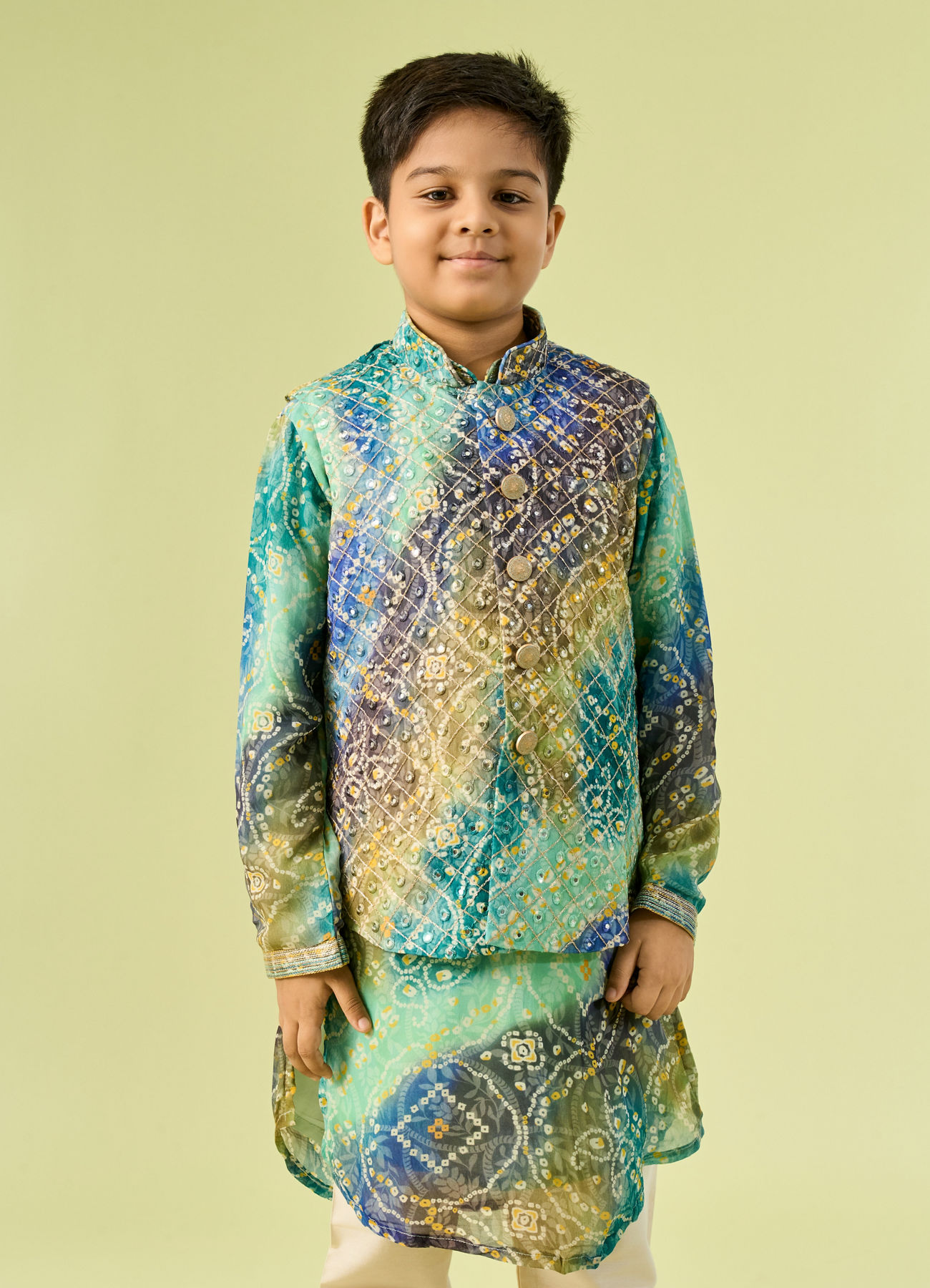 Manyavar Boys Aqua Green Georgette Kurta Jacket Set