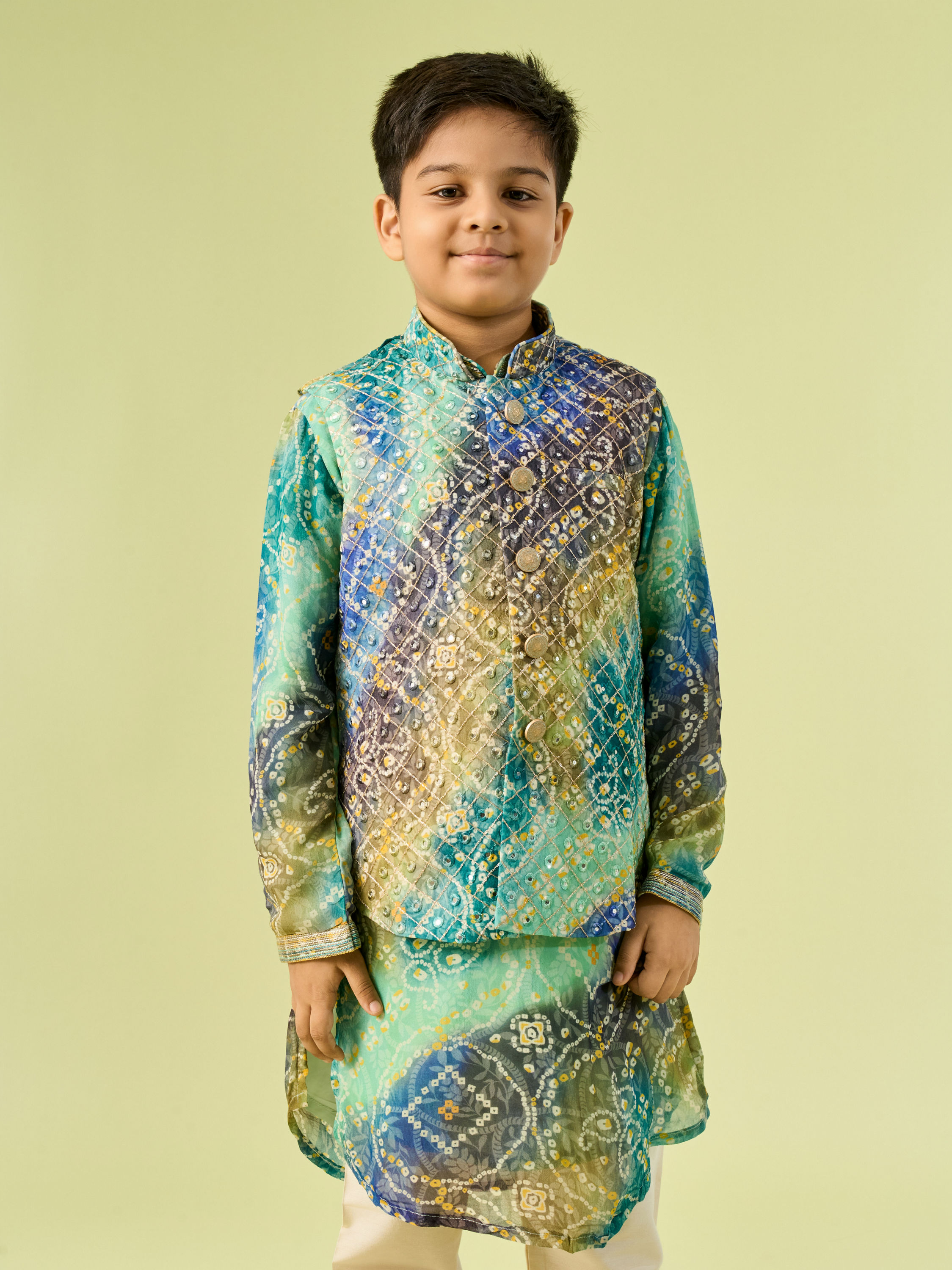 Manyavar Boys Aqua Green Georgette Kurta Jacket Set