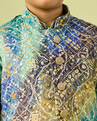 Manyavar Boys Aqua Green Georgette Kurta Jacket Set