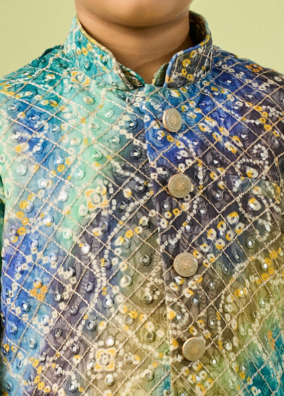 Manyavar Boys Aqua Green Georgette Kurta Jacket Set