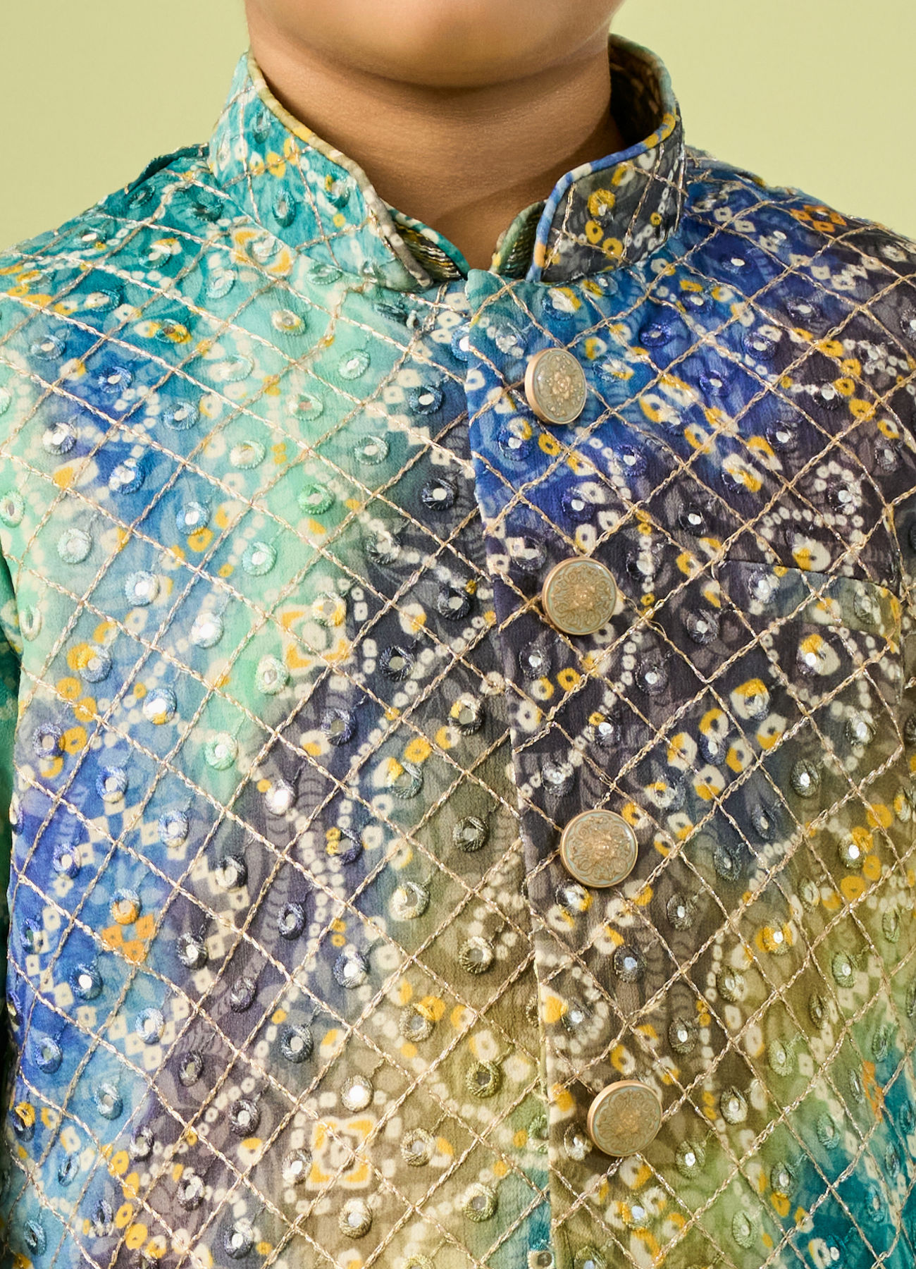 Manyavar Boys Aqua Green Georgette Kurta Jacket Set