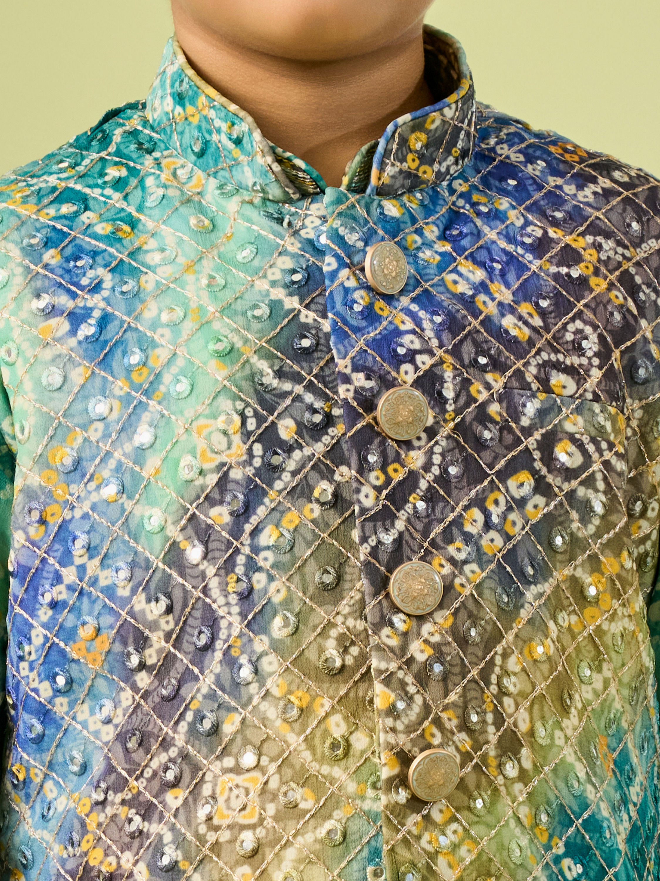 Manyavar Boys Aqua Green Georgette Kurta Jacket Set